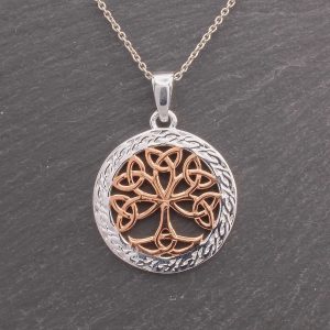 Celtic Collection Silver and Rose Gold Round Tree of Life Necklace
